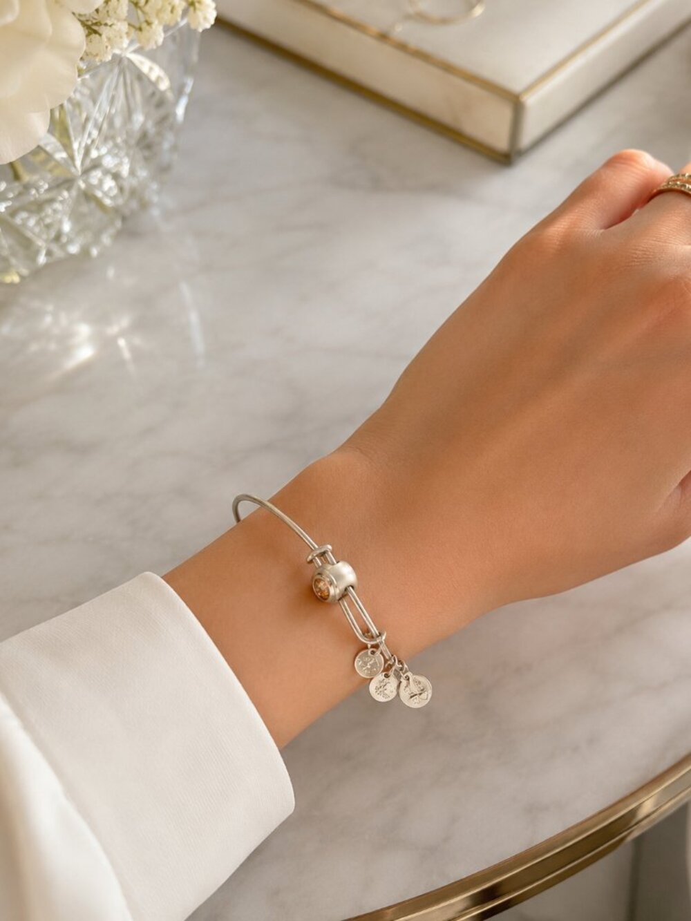 Alex and Ani Crystal Charm Expandable Bangle Bracelet Silver Tone Made in USA